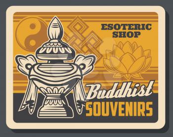 Buddhism religion treasure vase vector design. Buddhist religious symbols of treasure and wealth with sacred lotus flower, yin yang and endless knot. Oriental souvenirs of esoteric shop