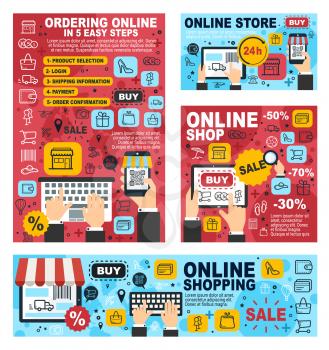 Online shopping and internet business vector concept of buy and order products with mobile phone app, laptop and tablet computer. Web store, money and gifts, credit card, shopping bag and cart icons