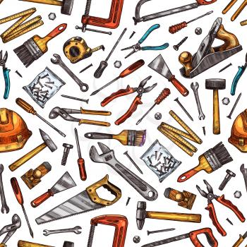 Hand tools seamless pattern background of house repair, construction and carpentry work vector design. Hammer, screwdriver and saw, toolbox, wrench and hardware toolkit, spanner, screw and paint brush