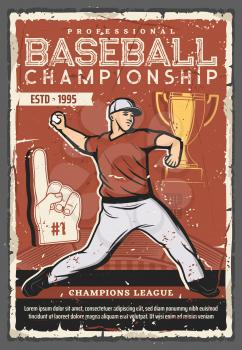 Baseball championship cup retro poster with vector ball, sport game pitcher player, team uniform, jersey shirt and cap, baseball stadium field and golden trophy. Professional league match promo design