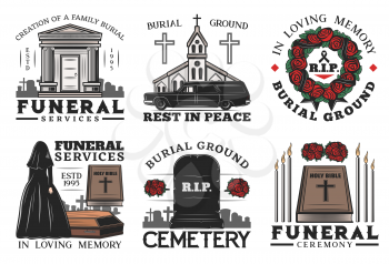 Funeral ceremony vector icons of burial, cremation and interment service. Cemetery, tombstone and coffin, bible, church and crosses, memorial flower wreath, candles and ossuary, widow and hearse car