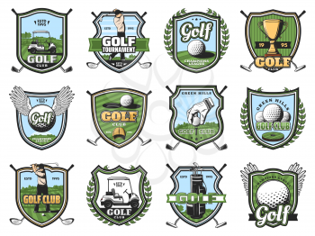 Golf sport club shield badges of vector golfer players on course with balls, clubs and tee, winner trophy cups, golf cart and holes, uniform cap and glove. Sporting tournament and competition design