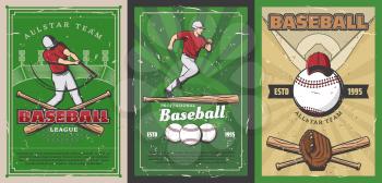 Baseball sport stadium play field with batter and catcher team players, balls and bats, pitcher glove, helmet and uniform cap vector design. Sporting competition match retro posters