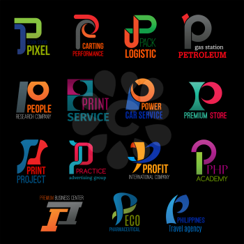 P letter icons design studio, delivery logistics or gas station company and academy. Corporate identity car service, travel agency, avertising group and eco pharmacy or premium store vector P symbols