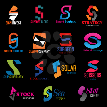 S icons of business corporate identity, innovation technology or surgery medical service. Computer cloud company, financial solution strategy or hairdresser studio and stock exchange vector S letters
