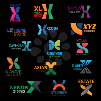 X icons and business company corporate identity letter symbols. Vector X technology, real estate invest group or car service and travel agency, digital solutions and medic academy or XL clothing shop