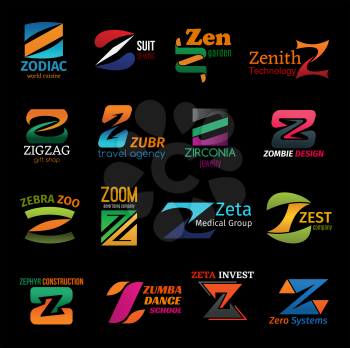 Corporate identity Z icons and business company letter symbols. Tailor shop, gift store or medical group and technology system, zumba sport dance school or construction industry and travel agency