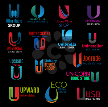 U icons, corporate identity letter symbols and company brand signs. Vector letter U of music group, diving sport club or business center and electronic repair service, hotel and digital store