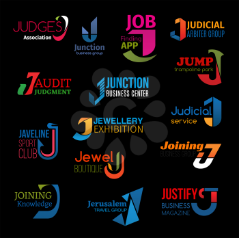 J letter icons of business company corporate identity signs in technology and service. Vector J symbols of judges and lawyers association, job find app or judicial arbiter group and jewelry exhibition