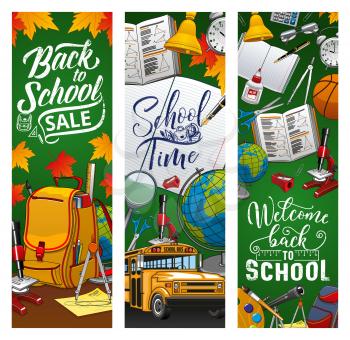 Back to school, student education supplies sale banners on green chalkboard. Vector Welcome back to school items, pencils and notebooks, school bus and bag, mathematics calculator and classroom bell