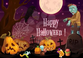 Halloween cemetery with zombie and pumpkins vector design. Horror night graveyard, living dead and lantern monsters, Halloween treats, spider net and full moon, gravestones and crow, greeting card