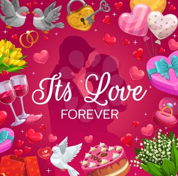 Forever love, bride and groom going to kiss and frame of wedding symbols. Vector engagement ring, married newlywed couple and doves. Marriage holiday, festive cake and gifts, balloons and padlock