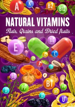 Nuts, dried fruit, cereal vitamins and minerals vector design. Date, fig and peanut, walnut, prune and pistachio, fig, apricot and hazelnut, pineapple, wheat and buckwheat, banana, corn, brazilian nut