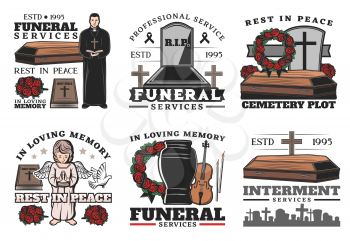 Funeral service coffin at cemetery vector icons of burial, cremation or interment ceremony design. Death memorial tombstones and crosses, urn, bible and priest, ritual flower wreath and angel statue