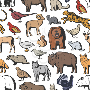 Hunting animals and birds seamless pattern background. Vector bear, wolf and african jaguar, buffalo, bull and lynx, fox, bison and goose, quail, pheasant and grouse, woodcock, badger sketch backdrop