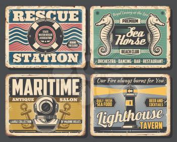 Nautical vector design of rusty signboards with sea ship or boat anchors, ocean waves and marine rope, navigation lighthouse, vintage diving helmet, lifebuoy and seahorse. Beach club bar or restaurant