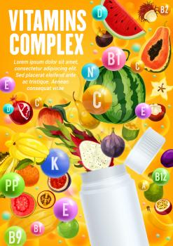 Fruit vitamins complex vector design with tropical berries and open bottle. Exotic papaya, orange and mango, apple, durian and pear, watermelon, carambola and fig, feijoa, banana and dragon fruit