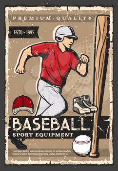 Baseball sport game equipment vector design with ball, bat and batter, catcher or pitcher player uniform, hat, helmet and shoes. Baseball sporting items shop retro poster