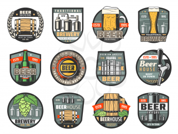 Beer drink vector badges of brewery, pub, bar or beerhouse. Bottle and glass of craft beer, ale or lager mugs, wooden barrels, brewing tanks and kegs, barley and hops. Label and emblem retro design