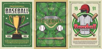 Baseball sport stadium field with vector balls, bats and winner trophy cup, player uniform jersey shirt and pitcher helmet. Baseball championship match retro posters, sporting competition themes