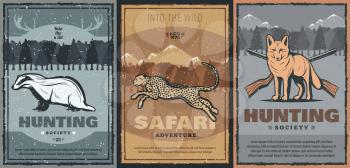 Hunting sport and safari adventure retro design with vector animals and hunter guns. Wild african jaguar, fox and badger posters with huntsman shotgun or rifle, forest trees and mountain landscape