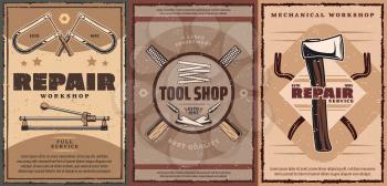 House repair tools, carpentry and construction instruments retro posters with vector axe, tape measure and tile cutter, trowels, jigsaw and crowbars. Carpenter workshop, home renovation service design