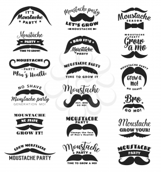 Mustache party or Movember mens health vector icons. Gro mo bro, no shave season symbols of mustache and ribbon with star for man solidarity social event