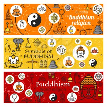 Buddhism religious symbols of oriental religion vector design. Thin line buddha statue, buddhist zen and yoga, lotus flower, dharma wheel and om mantra, Tibetan prayer wheel, endless knot and temple