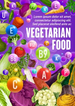 Vegetables and beans reach of vitamins and minerals vector design of health food benefits. Tomato, broccoli and cabbage, onion, radish and zucchini, cauliflower, carrot and pea, vegetarian nutrition