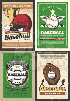 Baseball sport league tournament match retro posters with vector players, balls, bats and trophy. Stadium play field, catcher glove and pitcher helmet, home base plate and golden winner cup