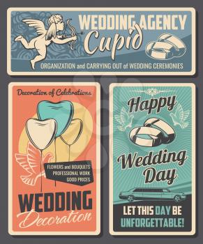 Wedding ceremony vector cards of bride and groom marriage celebration. Love couple engagement rings, bridal bouquet of roses and heart shaped balloons, limousine, Cupid, arrow. Wedding agency design