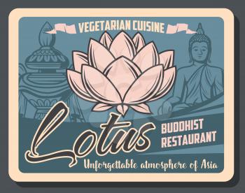 Buddhist restaurant of vegetarian cuisine retro poster with vector symbols of Buddhism religion. Buddha statue, sacred lotus flower and treasure vase, Asian and oriental religion themes