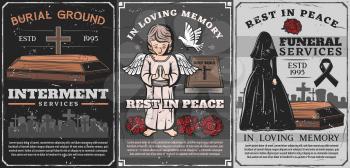 Funeral ceremony of burial, cremation and interment service vector poster. Vintage cemetery with coffin, tombstone crosses and death grave, angel, bible and flower wreath, widow, black ribbon and dove