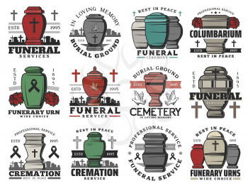 Funeral service icons with vector urns of cremation ceremony. Burial and interment religious rituals, cemetery, cross tombstones and grave, memorial flower wreath, dove birds and black ribbons