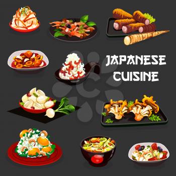 Japanese cuisine vegetable and meat dishes. Vector rice with shrimp and ginkgo seeds, salads of radish, carrot and turnip with soy sauce, pork daicon and scallops leek stews, mushroom and miso beef