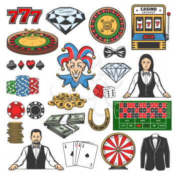 Casino icons of gambling games vector design. Roulette, dice and chips, playing cards, poker and black jack table, slot machine, fortune wheel and money, jackpot 777, croupier, joker and diamond