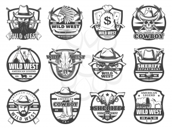 Wild West vector icons of cowboy, sheriff and skull, American western hats, guns and ranger star badge, horse, vintage wagon and Indian chief, revolvers, bandana and rifles. USA history themes