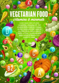 Vitamins and minerals in vegetables, herbs and beans, vegetarian food health benefits vector design. Pepper, cabbage and broccoli, onion, garlic and radish, celery, pumpkin, corn, chilli and eggplant