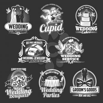 Wedding, marriage and engagement ceremony badges with vector groom, bride and rings, cake, bridal dress and flower bouquet, Cupid, love arrows and doves. Wedding salon and party service emblems design