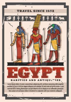 Gods and goddess of Ancient Egypt, Egyptian travel landmark and tourism vector design. Isis, Amun and Thoth with symbols of Ankh, eye of Horus and Anubis, palm and bull hieroglyphs