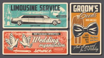 Wedding ceremony vector banners of love couple rings, bride dress and groom suit, bridal bouquet, church and limousine car, dove birds, bow tie and floral basket. Wedding, engagement, marriage design