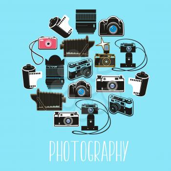 Modern and retro photography camera vector equipment. Professional digital photo tools, lens and film. Vintage photo camera with cartridge, flash light