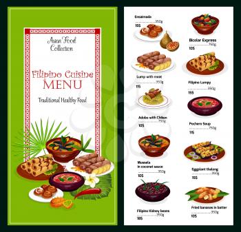 Filipino cuisine vector menu, asian food. Ensaimada and bicolar express, lump with meat and lumpy, adobo with chicken and pochero soup, mussels in coconut sauce, eggplant thalong, kiddney beans
