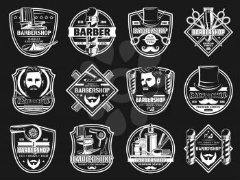 Barbershop haircut salon signs and man mustache and shaving barber shop icons. Vector premium badges of man head with haircut, barbershop pole signage, gentleman hat with scissors and razor blade