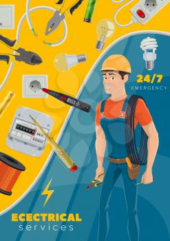 Electrician emergency service or electric repairman profession with electricity repair tools. Vector electric power wires and cables, plug socket voltage tester tool, electrician man and lamp bulb