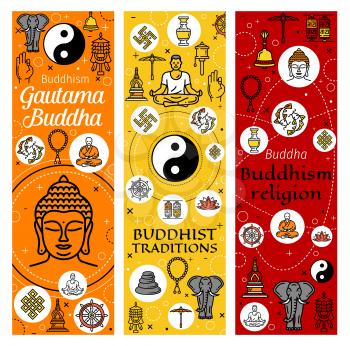 Buddhism religion banners of Buddhist meditation and Buddhist tradition icons. Vector Dharma wheel, Yin Yang fish and swastika sign, Buddha with mudra hand, lotus and Buddhism victory banner