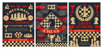 Chess academy tournament, checkmate strategy sport championship game posters. Vector chess club cup for beginners and professional players, with game score clock and chessboard pieces