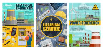 Electrical engineering and power generation energy sources. Electrician service transformer, fixing tools and equipment. Power plants and generators, transmission tower, pipes of nuclear station