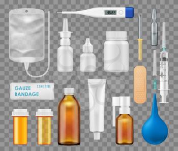Medical tools, doctor therapy and treatment items. Vector isolated realistic digital thermometer, injection syringe and gauze bandage, nasal spray and dropper, medical test tube and medicine ampule