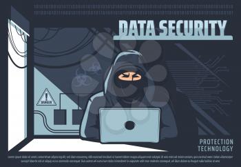 Data security, man working on computer, protection technology. Vector man working on laptop, hacker in mask gain unauthorized access to data. Schemes and authorization, access to storage system